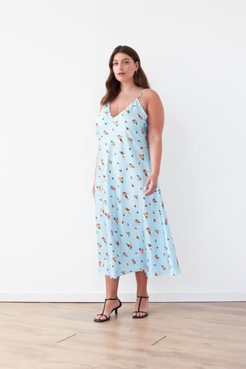 TWILIGHT SLIP PRINTED SATIN DRESS LIGHT BLUE