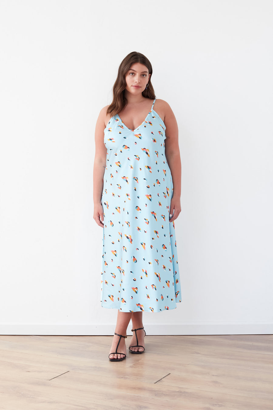 TWILIGHT SLIP PRINTED SATIN DRESS LIGHT BLUE