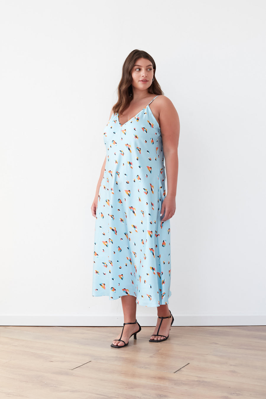 TWILIGHT SLIP PRINTED SATIN DRESS LIGHT BLUE